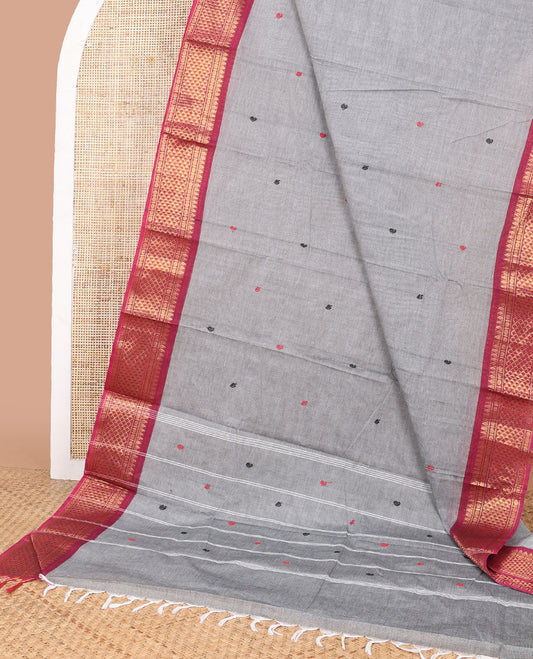 Grey leaf motifs chettinad cotton saree with contrast zari design border & striped, leaf motifs pallu