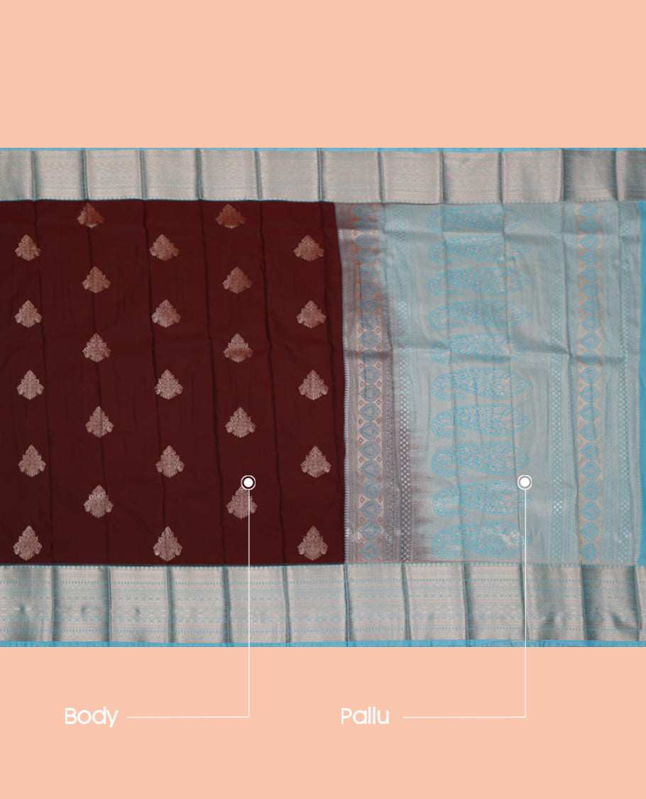 Maroon Budget Silk Saree, Bedecked with Zari Buttas, Complemented by a Contrast Traditional Zari Border, Grand Pallu, and a Contrast Blouse