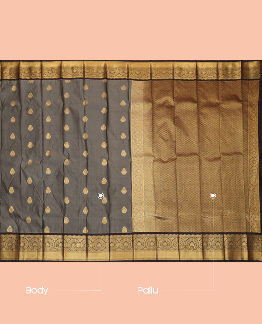 Grey Budget Silk Saree, Spotlighted with Zari Buttas and Stripes, Complemented by Contrast Traditional Zari Border, a Jaal Pallu and a Contrast Blouse
