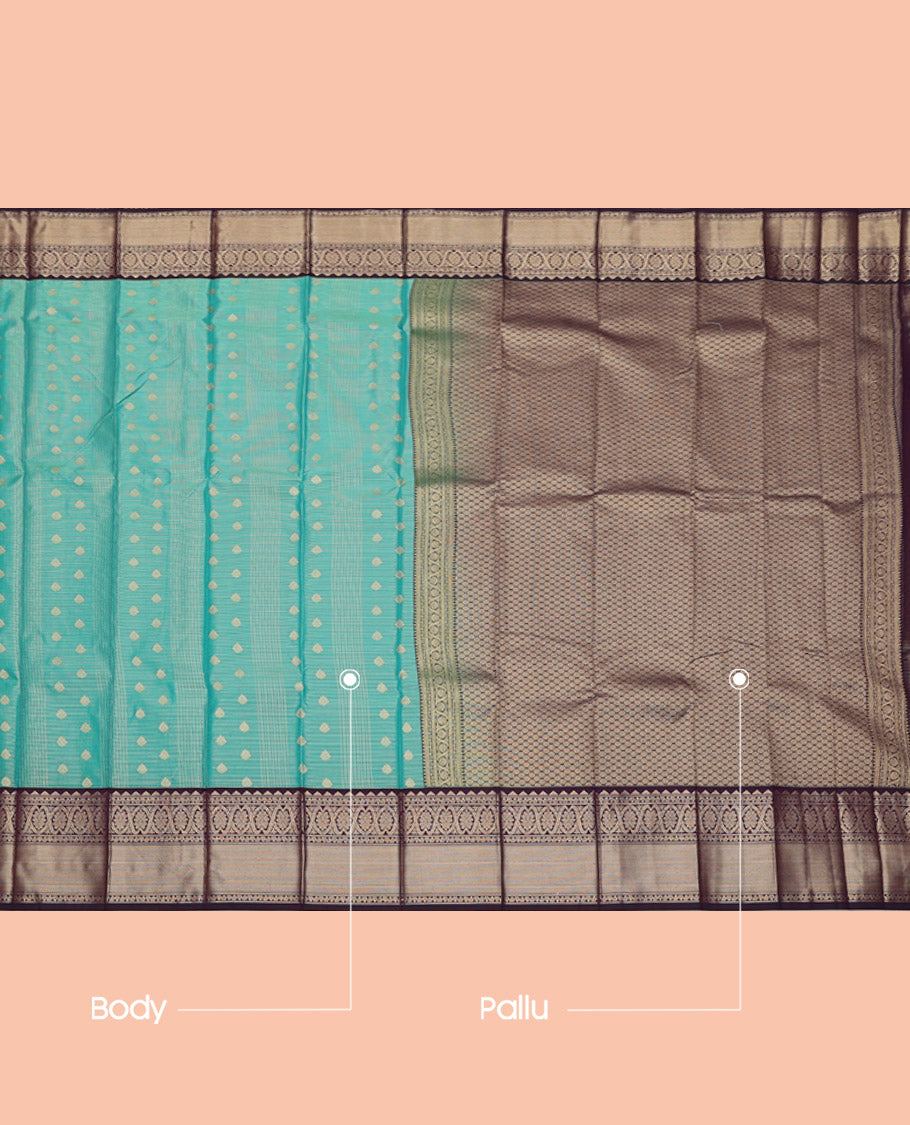 Green Budget Silk Saree, Bedecked with Zari Buttas and Checks, Complemented by a Contrast Traditional Zari Border, Grand Pallu, and a Contrast Blouse