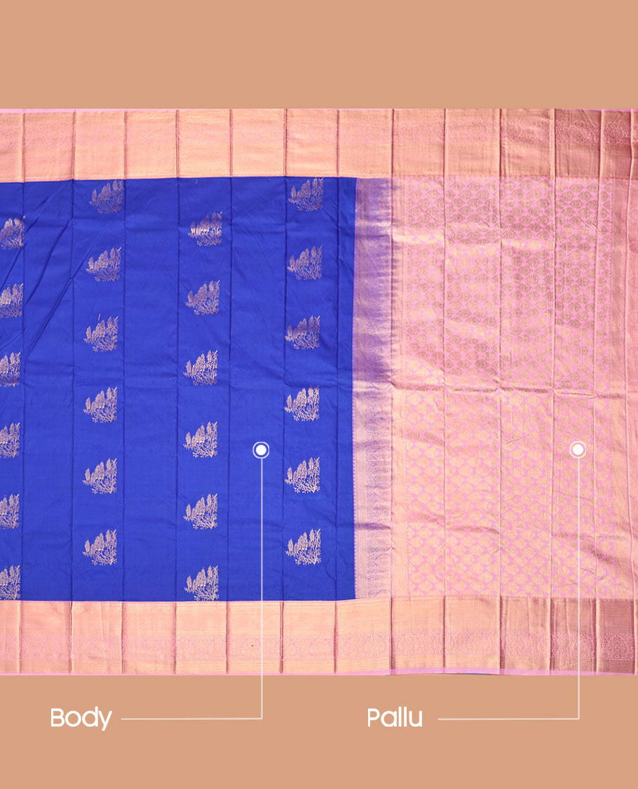 Blue Budget Silk Saree, Dazzled with Zari Buttas, Complemented by Contrast Traditional Zari Border, a Grand Pallu and a Contrast Blouse
