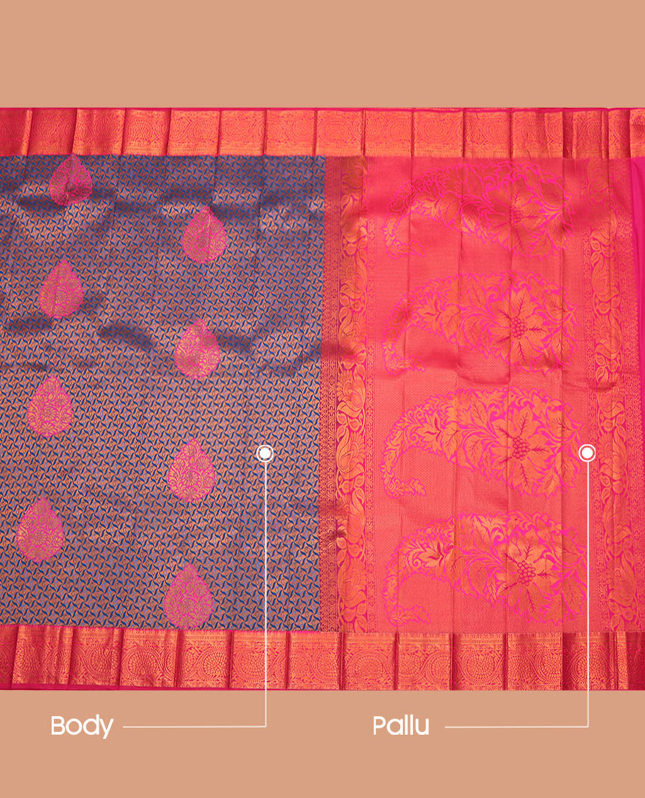 Blue Budget Silk Saree, Crafted with Jacquard Design, Complemented by a Contrast Floral Creeper Zari Border, Grand Pallu, and Contrast Blouse