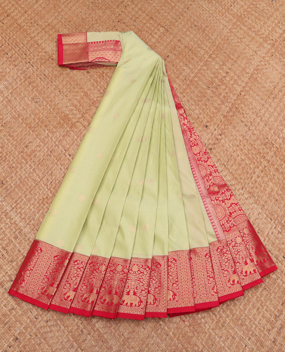 Pale Green Budget Silk Saree, Sparsely Woven with Zari Buttas and Stripes, Complemented by a Contrast Traditional Zari Border, Grand Pallu, and a Contrast Blouse