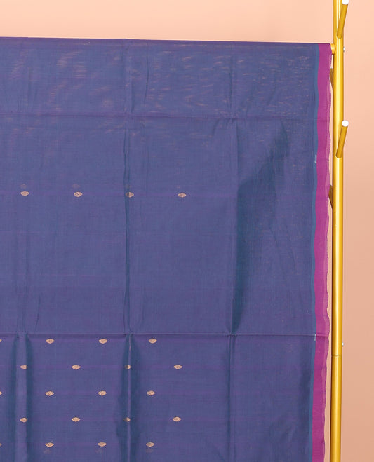 Blue Venkatagiri Cotton Saree Bedecked with Buttas, a Contrast Zari-Thread Border, Pallu of Stripes, and No Blouse