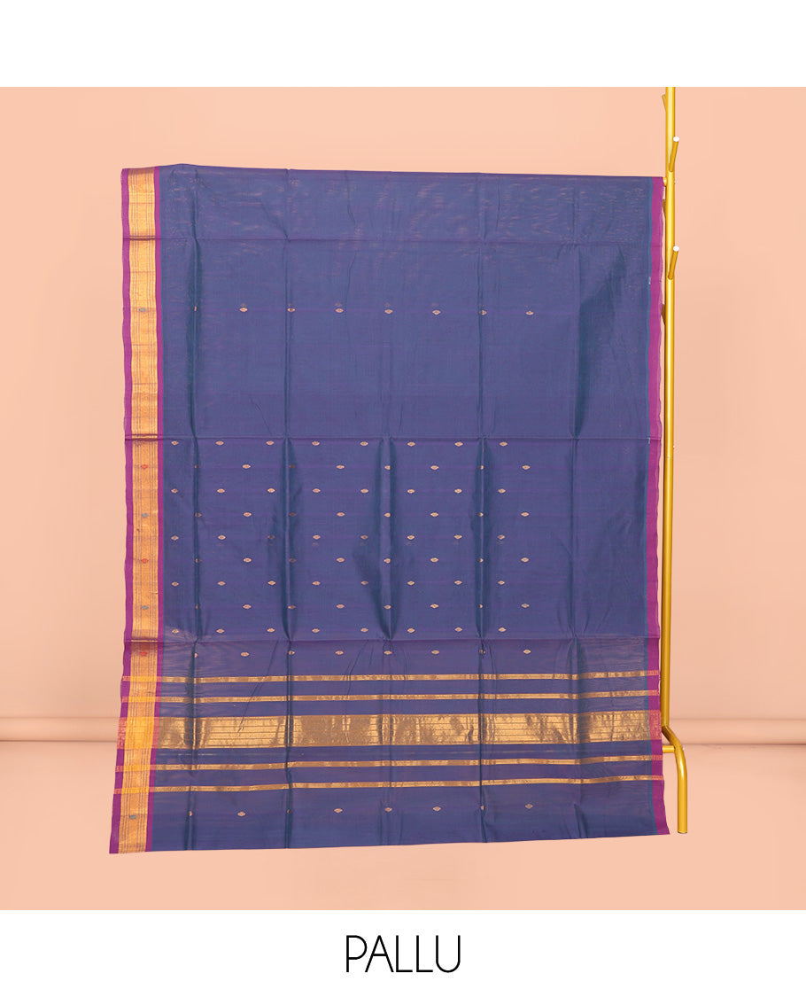 Blue Venkatagiri Cotton Saree Bedecked with Buttas, a Contrast Zari-Thread Border, Pallu of Stripes, and No Blouse