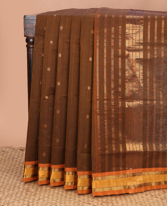 Brown zari buttas Venkatagiri cotton saree, contrast traditional zari border, and striped pallu