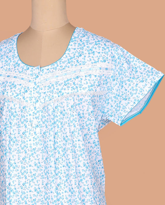 White micro-floral printed lace work round necked  half-sleeve cotton nighty