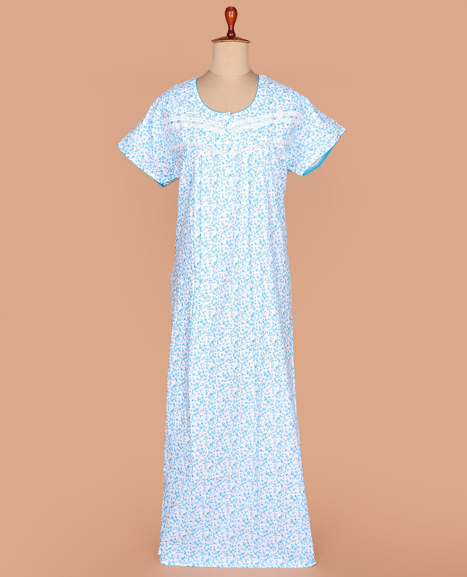 White micro-floral printed lace work round necked  half-sleeve cotton nighty
