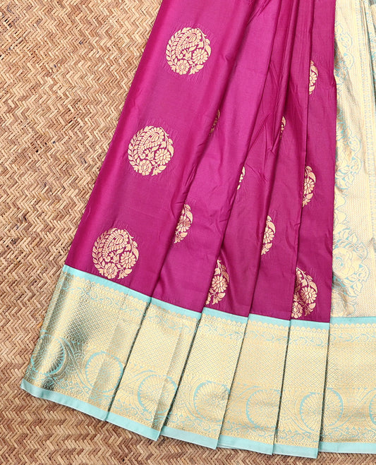 Purple Budget Silk Saree, Accentuated with Zari Buttas, Complemented by Contrast Traditional Zari Border, a Grand Jaal Pallu and a Contrast Blouse