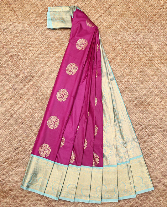 Purple Budget Silk Saree, Accentuated with Zari Buttas, Complemented by Contrast Traditional Zari Border, a Grand Jaal Pallu and a Contrast Blouse