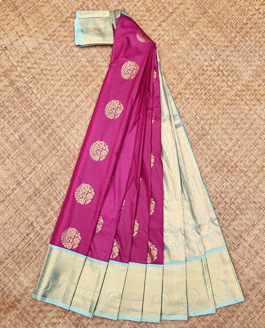 Purple Budget Silk Saree, Accentuated with Zari Buttas, Complemented by Contrast Traditional Zari Border, a Grand Jaal Pallu and a Contrast Blouse