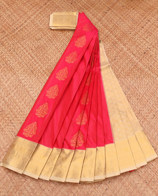 Red Budget Silk Saree, Ornamented with Zari Buttas and Stripes, Complemented by a Contrast Traditional Zari Border, Grand Pallu, and a Contrast Blouse