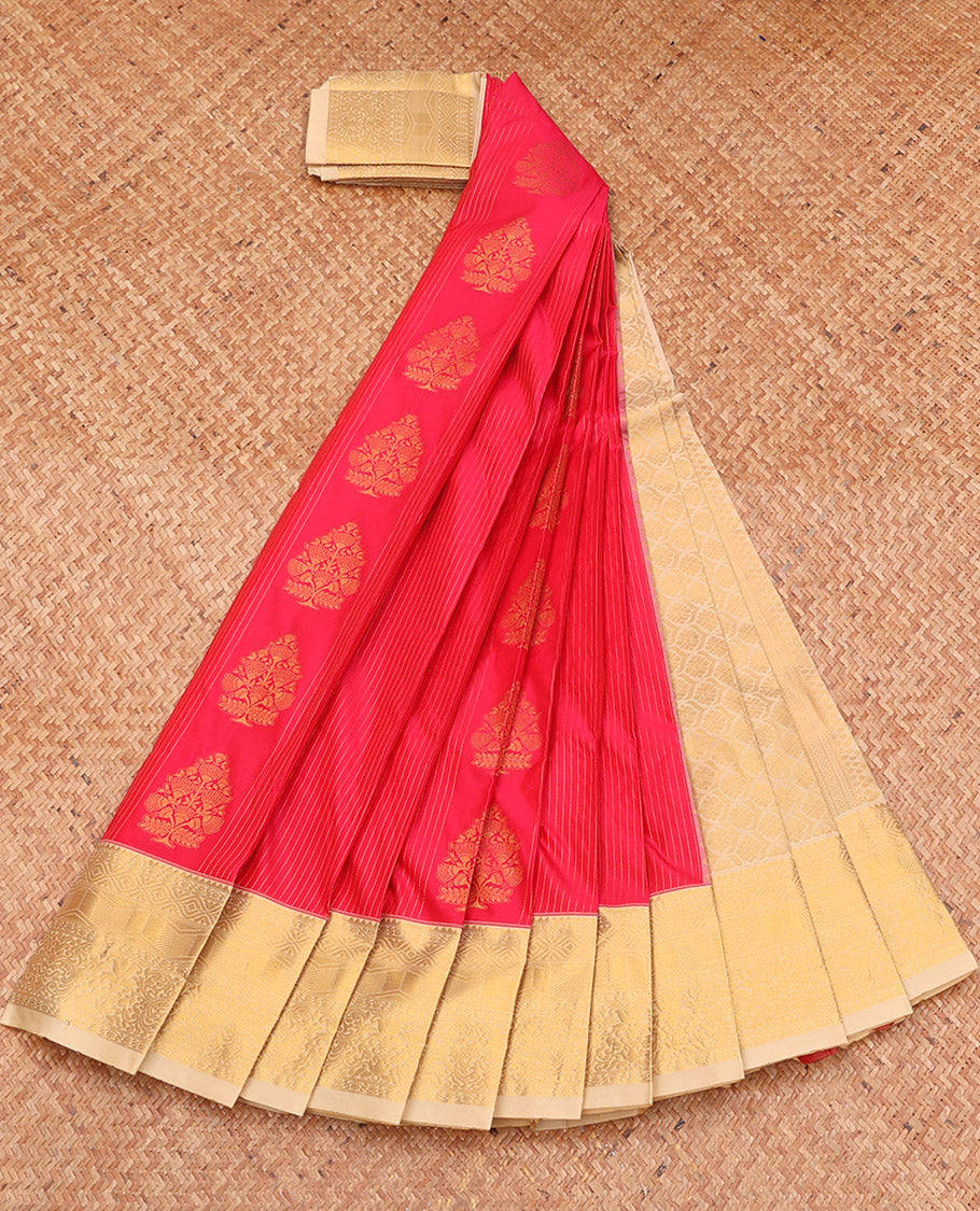 Red Budget Silk Saree, Ornamented with Zari Buttas and Stripes, Complemented by a Contrast Traditional Zari Border, Grand Pallu, and a Contrast Blouse