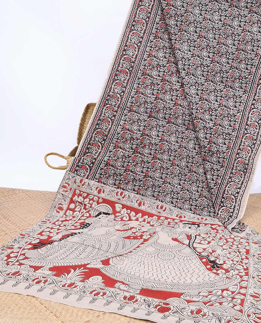 Black intricately machine-printed kalamkari cotton saree, self-border & human figurines pallu
