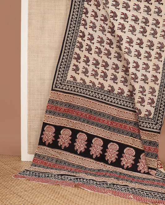 Sandal camel motifs printed mul mul cotton saree, geometric printed block border & pallu of floral & geometric block print