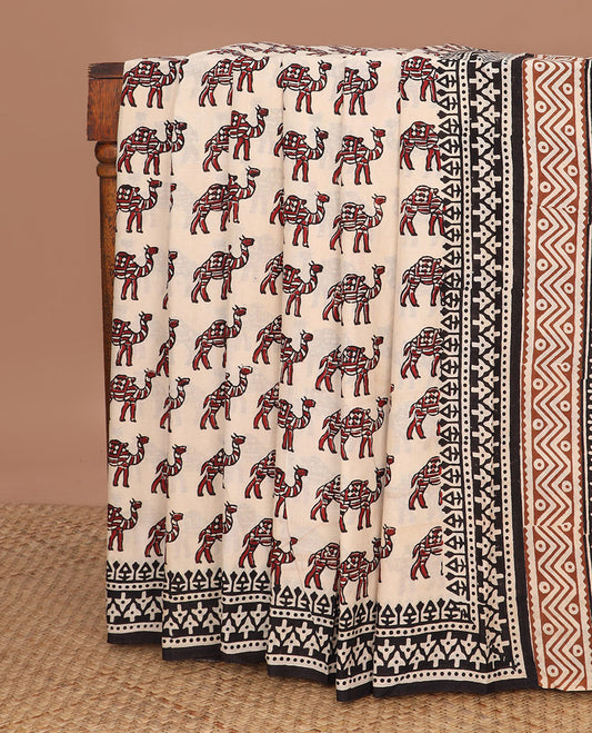 Sandal camel motifs printed mul mul cotton saree, geometric printed block border & pallu of floral & geometric block print