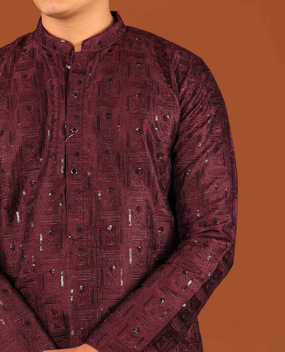 Wine Sequins and Thread Embroidered Full-Sleeved Men's Kurta