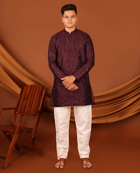 Wine Sequins and Thread Embroidered Full-Sleeved Men's Kurta