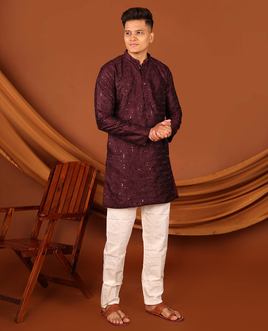 Wine Sequins and Thread Embroidered Full-Sleeved Men's Kurta