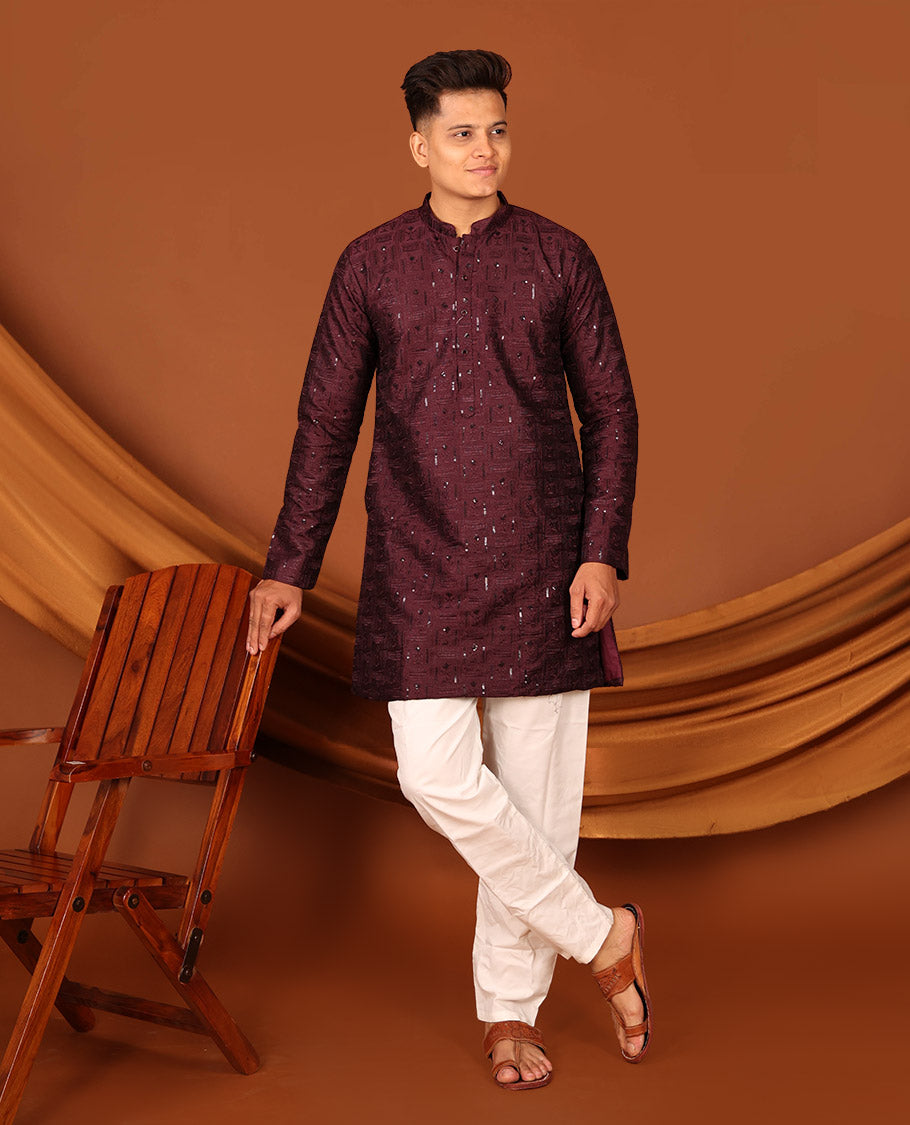 Wine Sequins and Thread Embroidered Full-Sleeved Men's Kurta