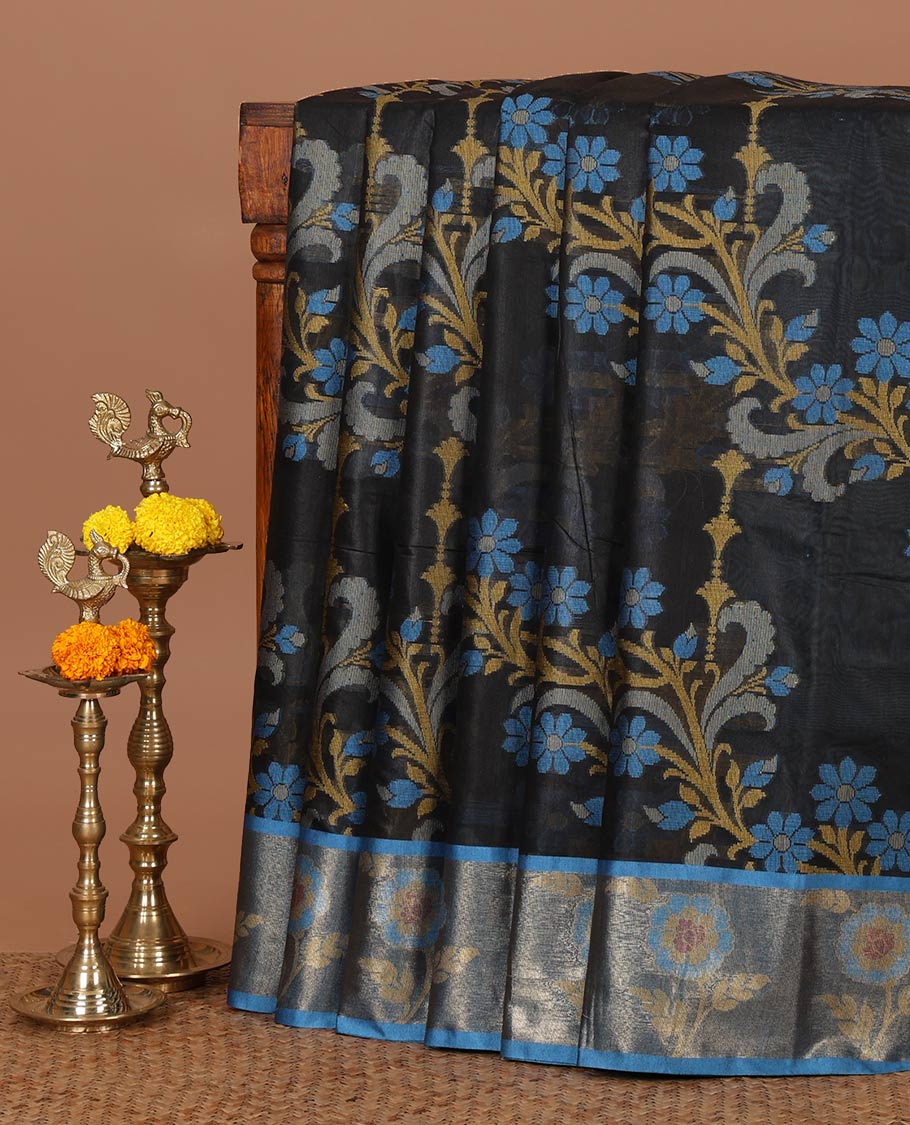 Black diagonal floral stripes thread-woven chanderi cotton saree, contrast floral zari border & floral design pallu, plain blouse