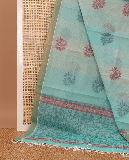 Blue geometric & floral fused buttas Coimbatore cotton saree,  contrast border & pallu mirroring the same body motifs