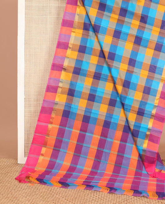 Multi-color checked chirala cotton saree, zari border & zari striped pallu