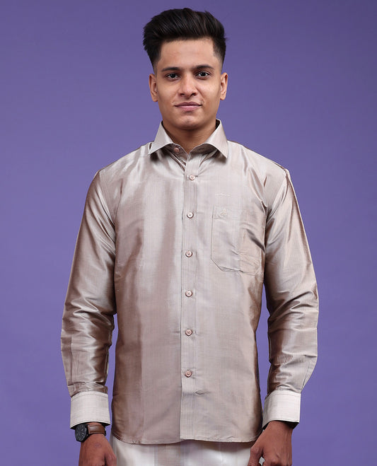 Beige plain design full-sleeve pure-silk shirt