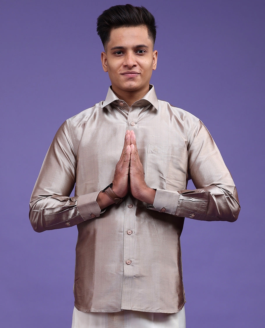 Beige plain design full-sleeve pure-silk shirt