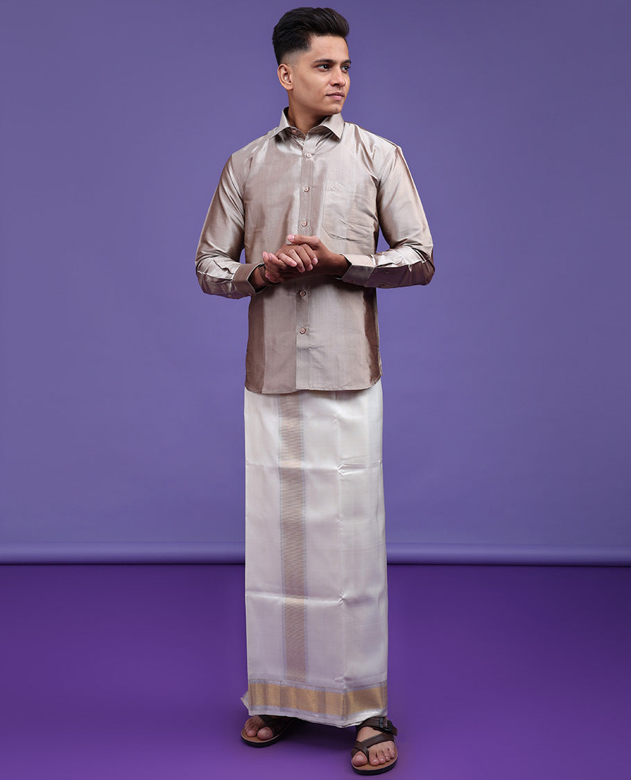 Beige plain design full-sleeve pure-silk shirt