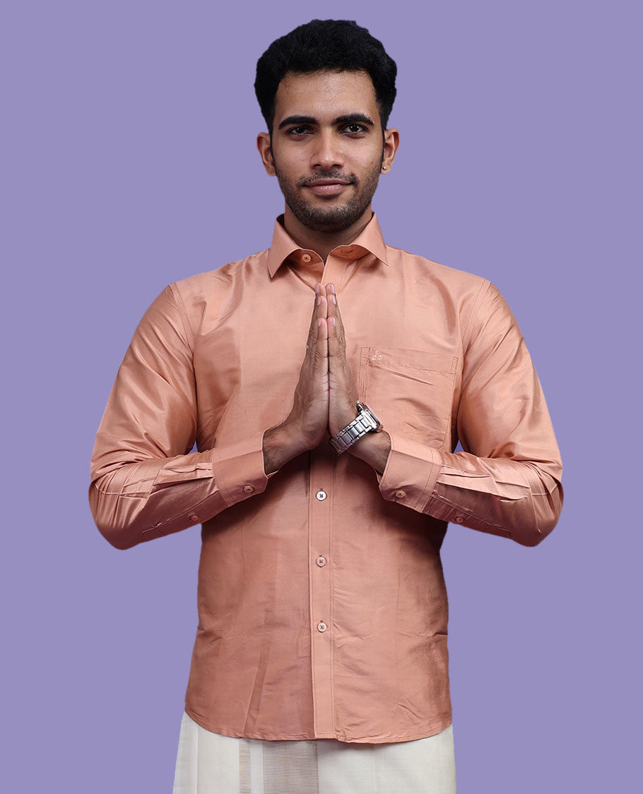 Peach plain design full-sleeve pure-silk shirt