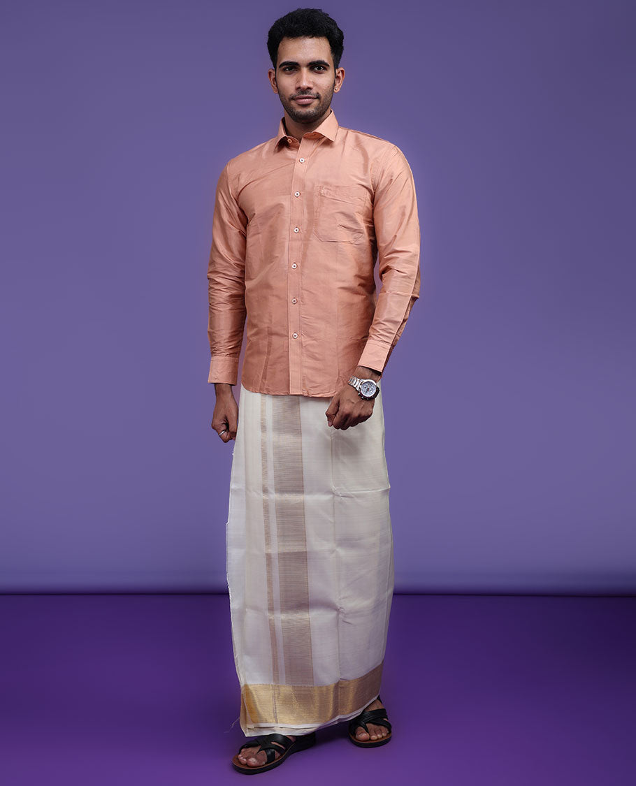 Peach plain design full-sleeve pure-silk shirt