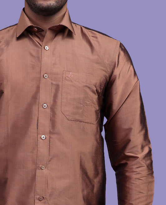 Brown plain design full-sleeve pure-silk shirt