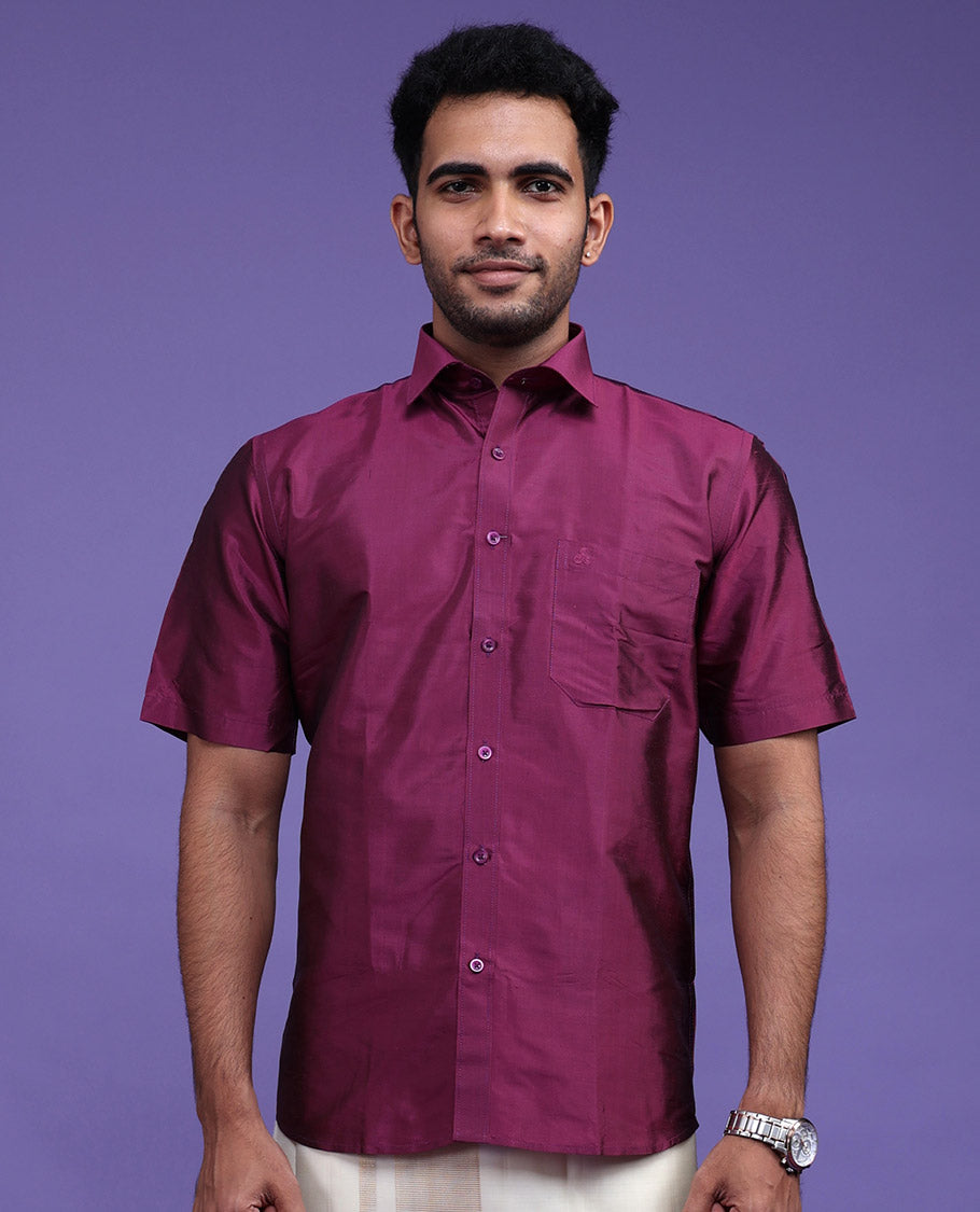 Burgundy plain design half-sleeve pure-silk shirt