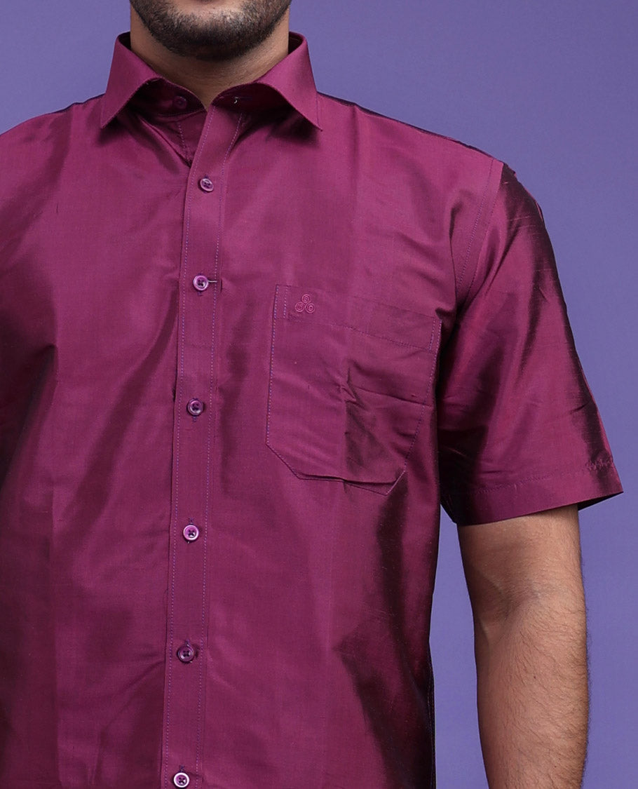 Burgundy plain design half-sleeve pure-silk shirt