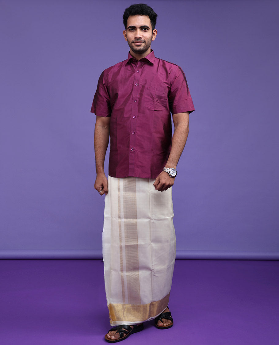 Burgundy plain design half-sleeve pure-silk shirt