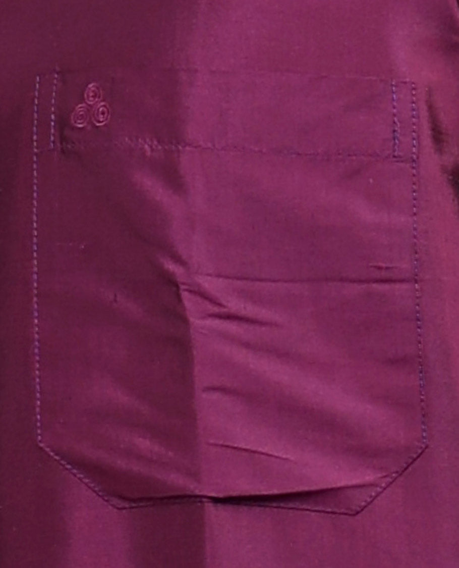 Burgundy plain design half-sleeve pure-silk shirt