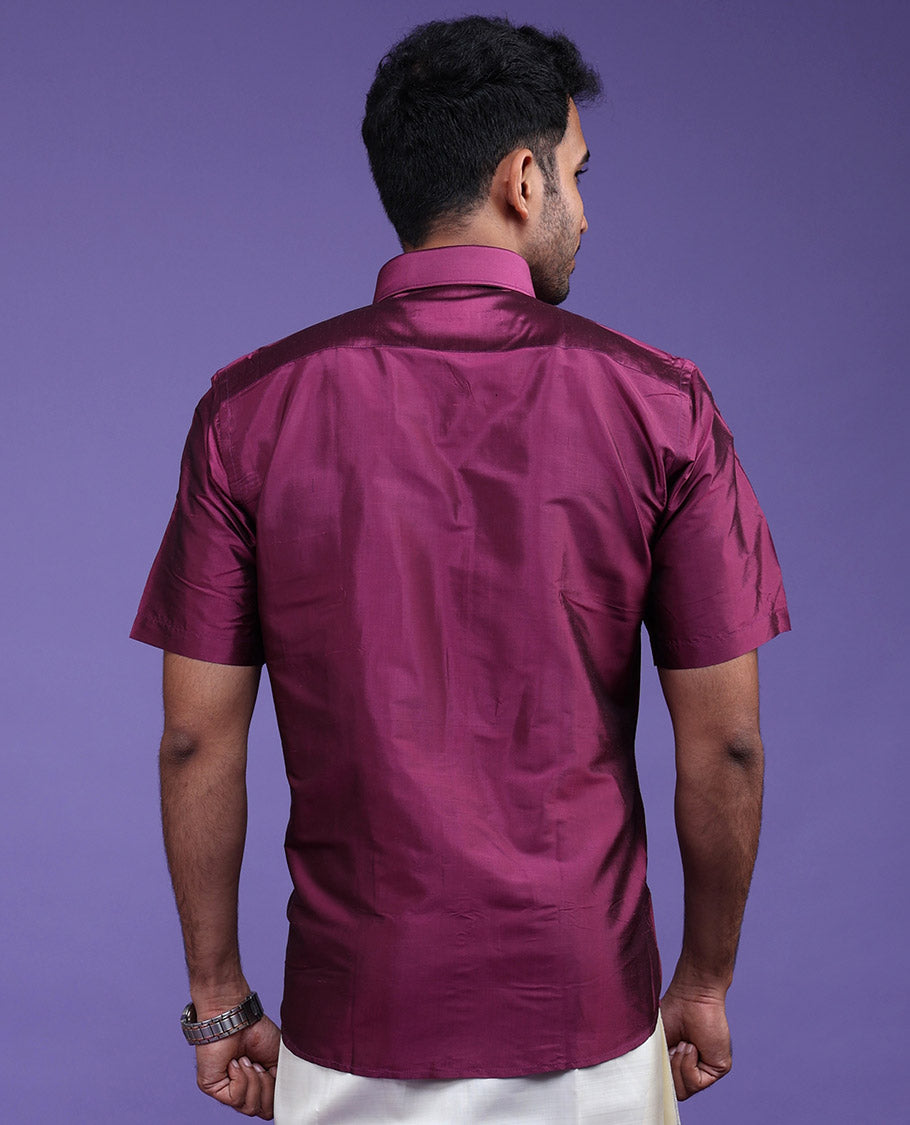 Burgundy plain design half-sleeve pure-silk shirt
