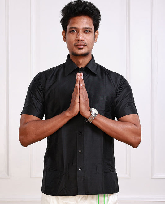 Mark Anderson black solid pure-silk half-sleeve regular-fit shirt