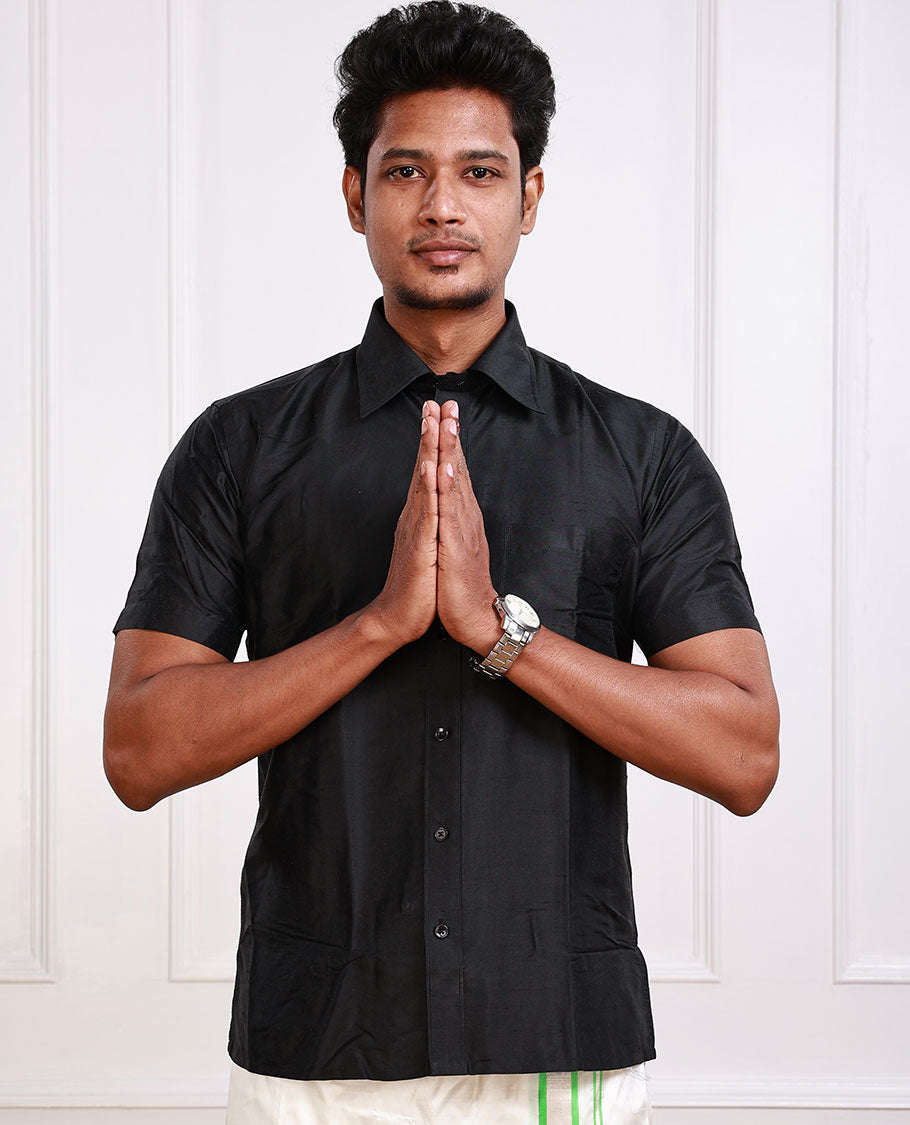 Mark Anderson black solid pure-silk half-sleeve regular-fit shirt
