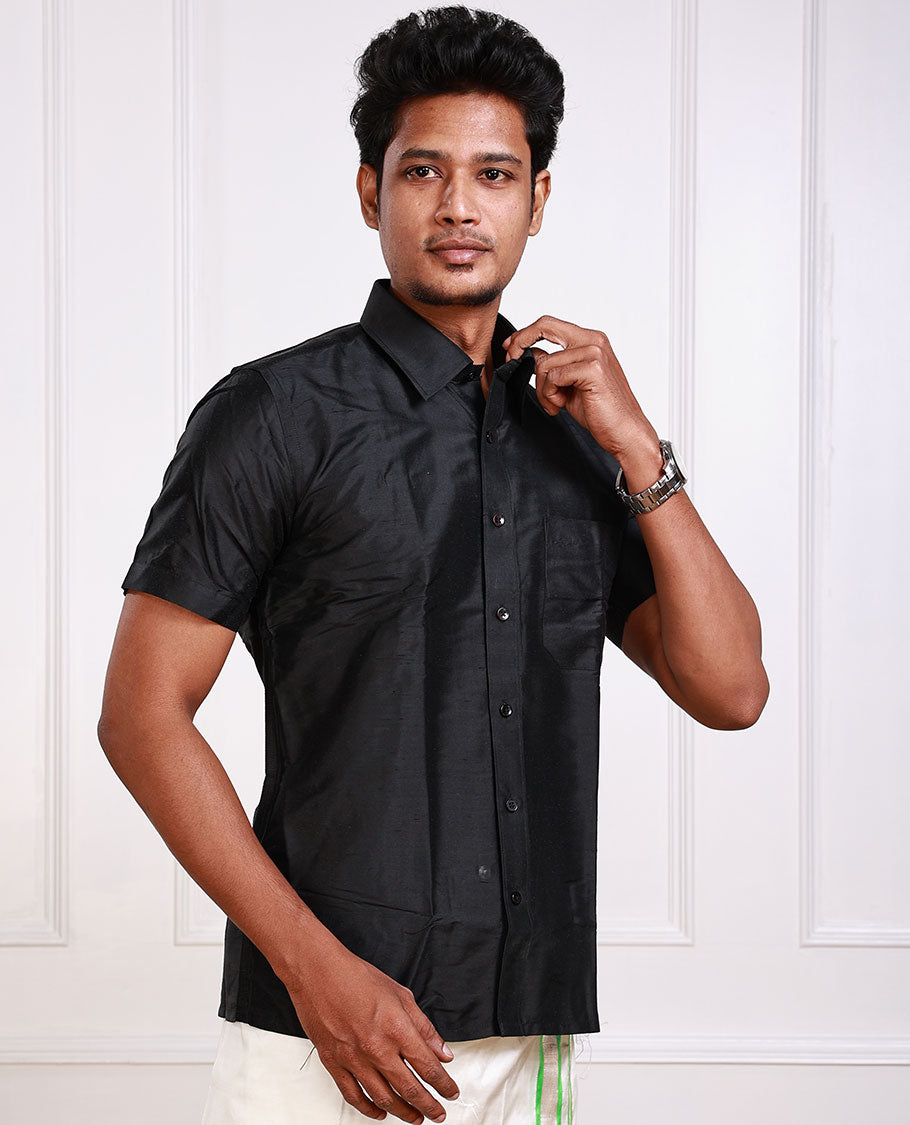 Mark Anderson black solid pure-silk half-sleeve regular-fit shirt