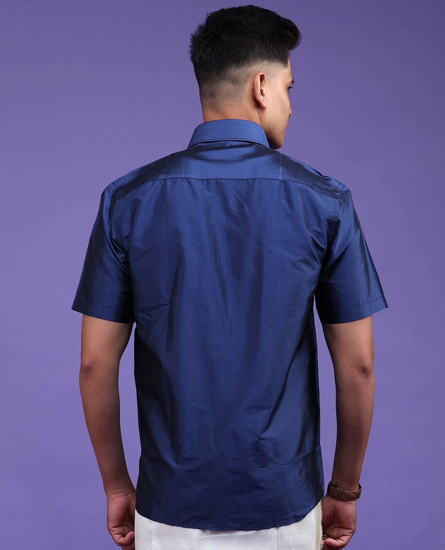 Berry blue pure-silk plain design short-sleeve shirt
