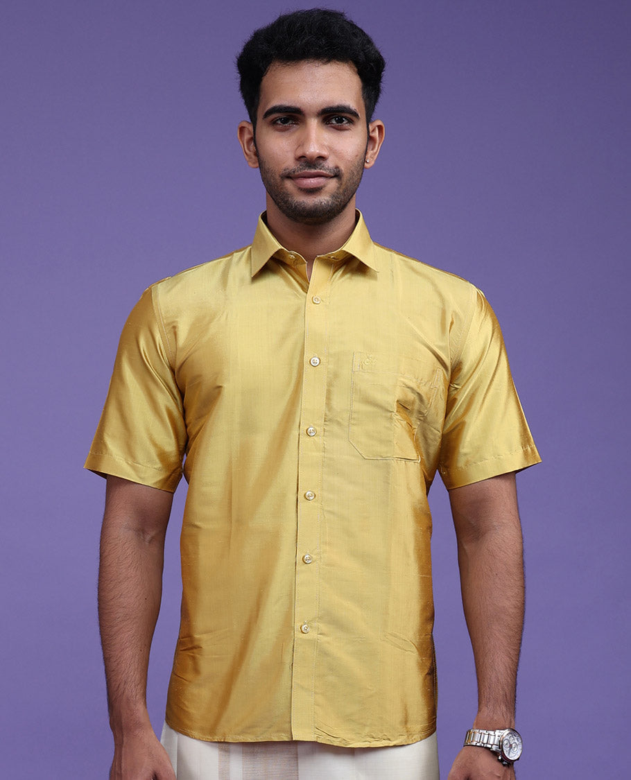 Sparkling gold plain design half-sleeve pure-silk material shirt