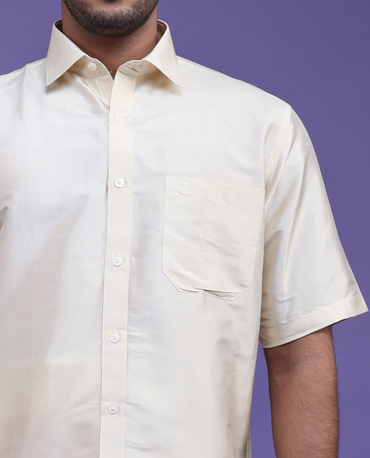 Light sandal plain design half-sleeve pure-silk shirt