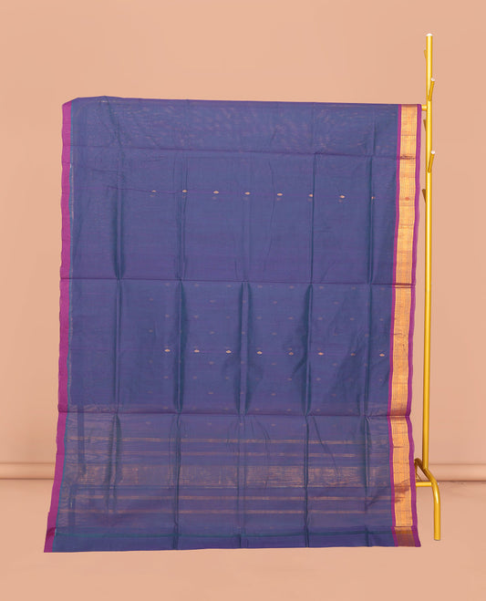 Blue Venkatagiri Cotton Saree Bedecked with Buttas, a Contrast Zari-Thread Border, Pallu of Stripes, and No Blouse