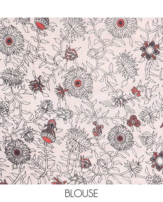 Black intricately machine-printed kalamkari cotton saree, self-border & human figurines pallu