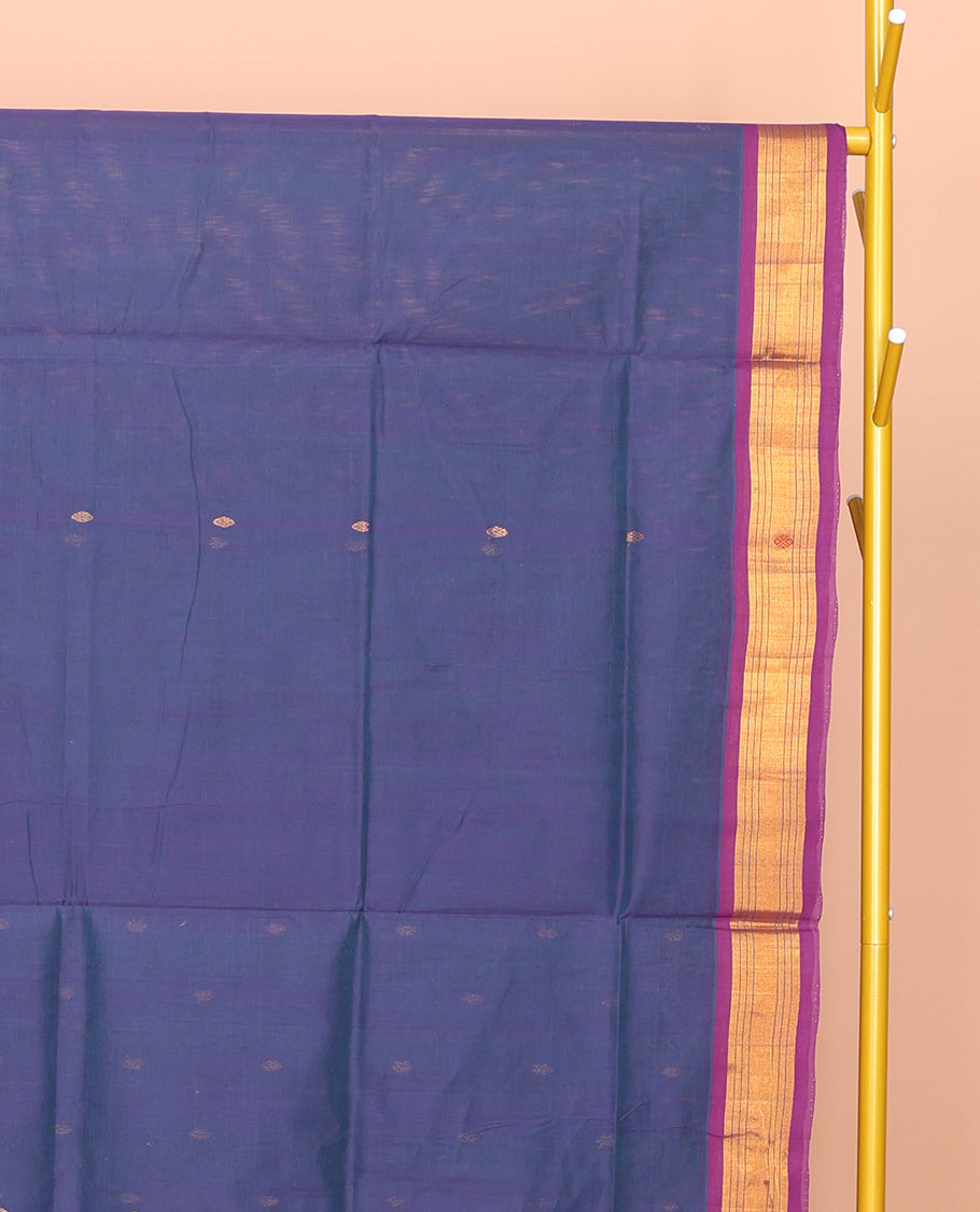 Blue Venkatagiri Cotton Saree Bedecked with Buttas, a Contrast Zari-Thread Border, Pallu of Stripes, and No Blouse