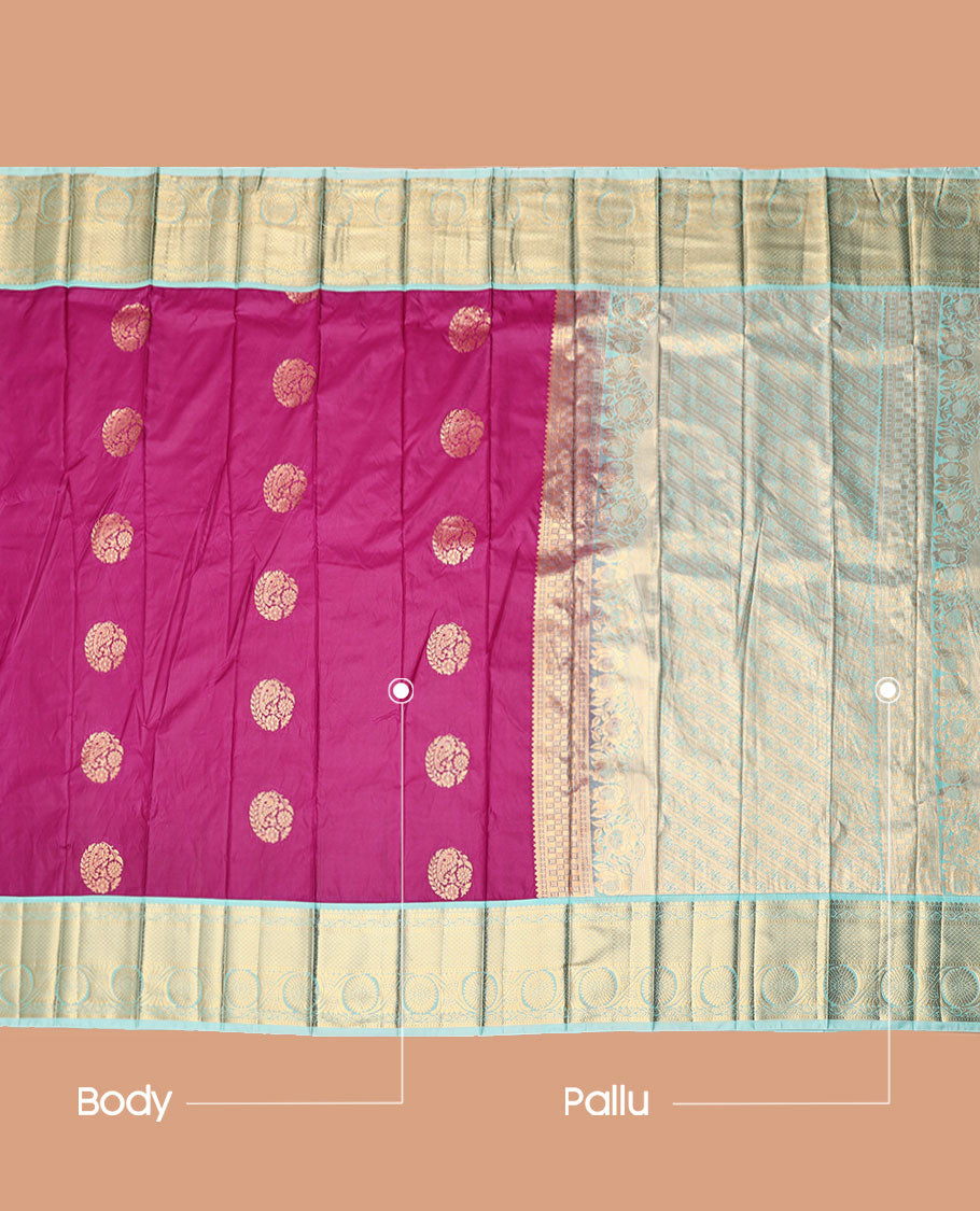 Purple Budget Silk Saree, Accentuated with Zari Buttas, Complemented by Contrast Traditional Zari Border, a Grand Jaal Pallu and a Contrast Blouse