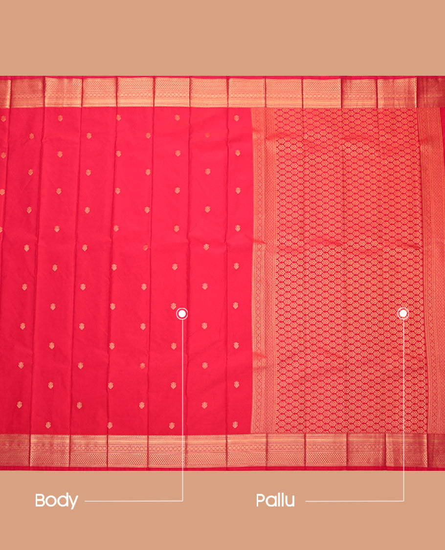 Red Budget Silk Saree, Enthralled with Zari Buttas, Highlighted by a Traditional Zari Border, Intricate Pallu, and a Matching Blouse