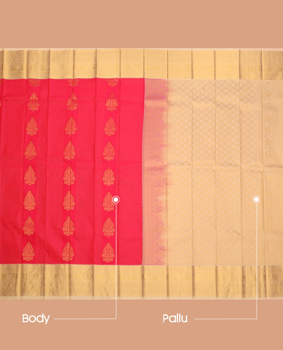 Red Budget Silk Saree, Ornamented with Zari Buttas and Stripes, Complemented by a Contrast Traditional Zari Border, Grand Pallu, and a Contrast Blouse